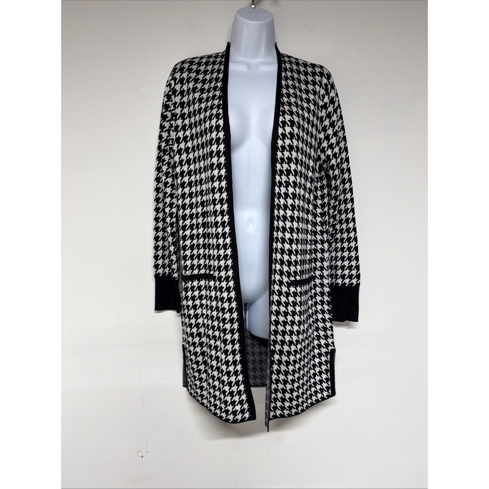 Chicos Cardigan Sweater Womens Size 0 S Black Houndstooth Open Front Cashmere